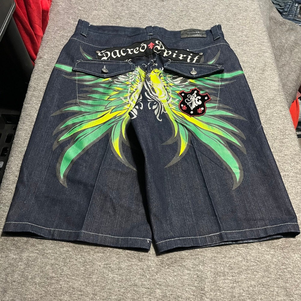 Raw Blue Sacred Spirit Graphic Denim Shorts Mens 38 Dark Wash Y2K Wing Jorts